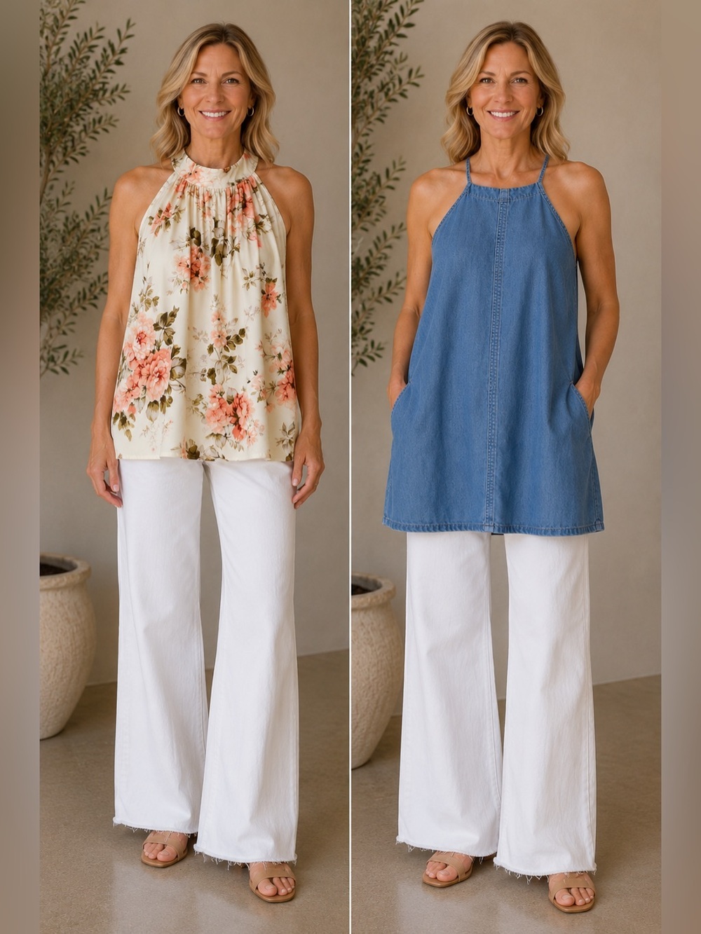 Chambray Swing Tank & Floral Halter Top Bundle Coastal Boho Cottagecore Small